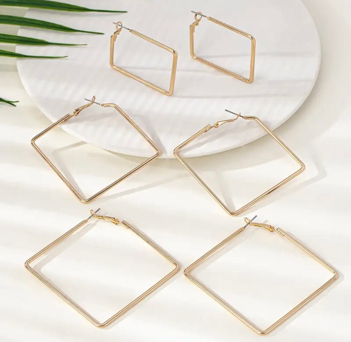 3 Pairs Of Square Gold Earrings